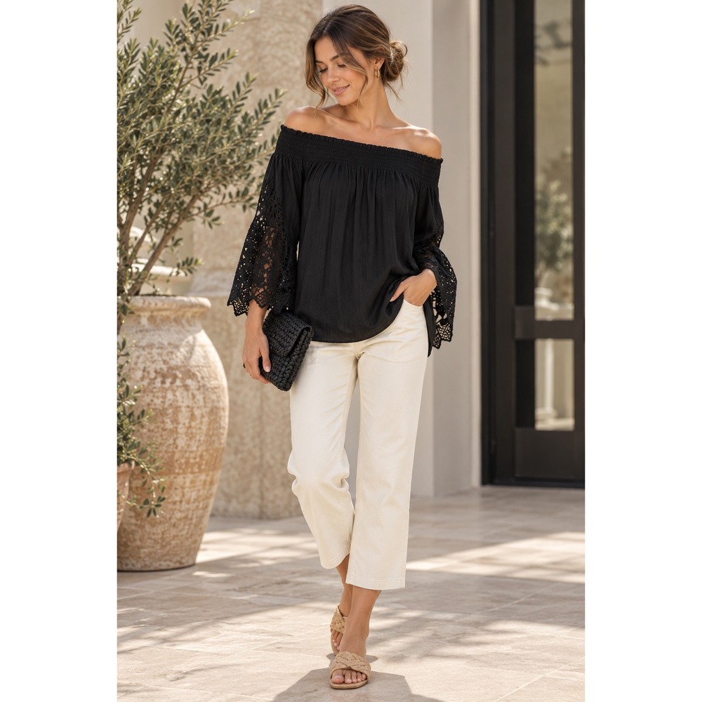 Kobi Amie Black Off Shoulder Smocked Blouse Lace Sleeves Women's S